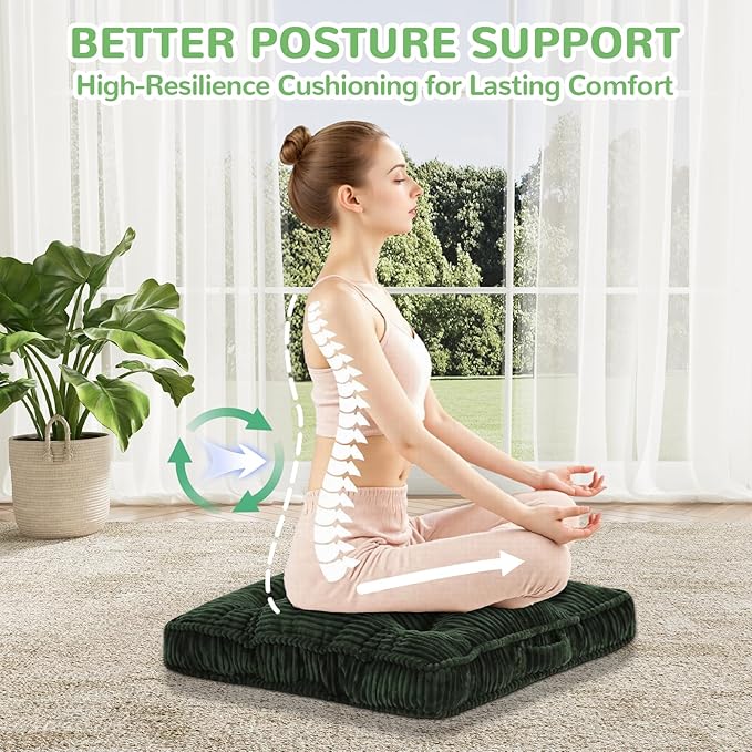 Meditation Floor Cushion Set of 2, 24x24 Tufted Floor Pillow for Adults, Square Large Meditation Cushion Pillow, Green Corduroy Sitting Pillow with Handle, Yoga Seating for Tatami