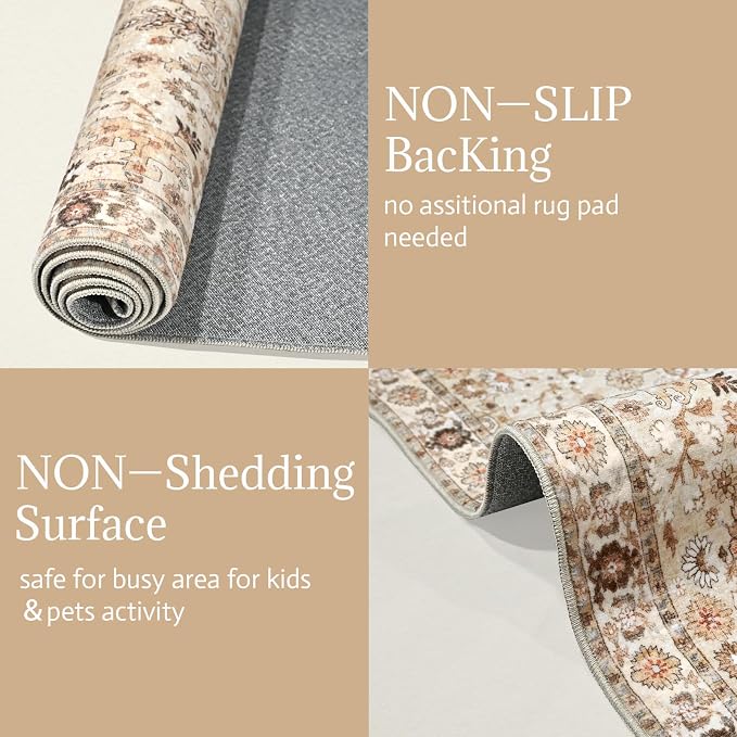 Washable Rugs for Living Room: 8x10 Area Rugs for Bedroom Ultra Soft Non-Slip Stain Resistant Vintage Boho Large Carpet for High-Traffic Dining Room - Farmhouse Decor