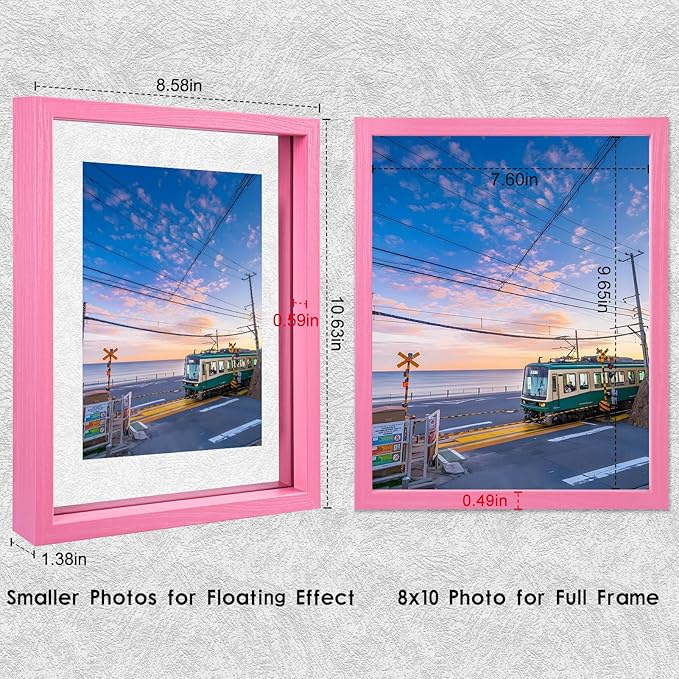 MUYE 8x10 Floating Frame Set of 2,Double Real Glass Photo Frame for Wall Hanging or Tabletop Standing,Display Any Size Photo up to 8x10,Pink