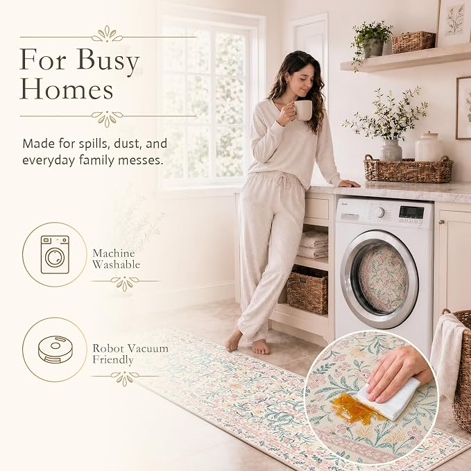Wonnitar Floral Large Rugs for Living Room, Soft Light Pink Rug Washable 9x12 Carpet Non Slip, Boho Foldable Non-Shedding Kids Carpet for Bedroom Girls Nursery Dorm Playroom