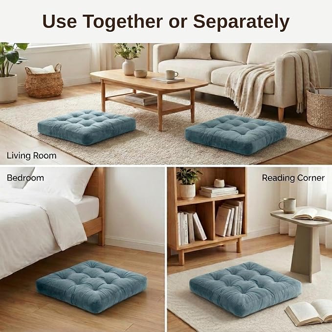Floor Pillows for Adults Set of 2, Soft Velvet Floor Cushions for Sitting, Square Tufted Floor Pillow Set for Reading Nook, Living Room, Bedroom, 22 x 22 Inch, Blue