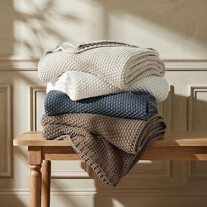 EverGrace Organic Cotton Chunky Knit Throw Blanket, 50 x 60 Bright White | OCS Certified Organic Cotton, Seed Stitch Knit, Soft & Breathable, Cozy Midweight, Decorative Throw for Couch, Bed & Sofa