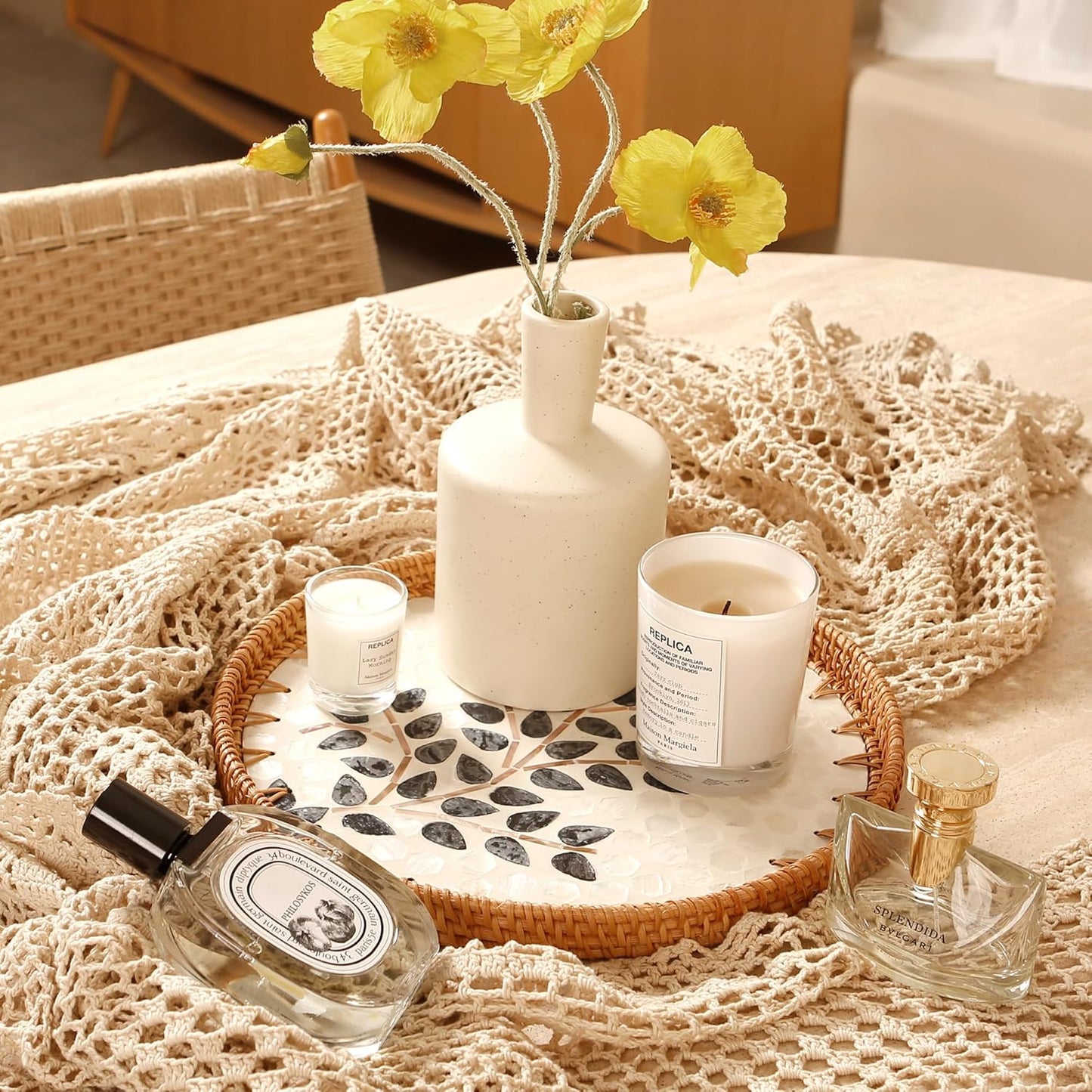 Round Rattan Tray with Mother of Pearl Inlay & Wooden Base - Decorative Wicker Serving Tray for Coffee/Bread/Fruits, Food Storage & Display - Multipurpose Home Decor (M,Little Tree)