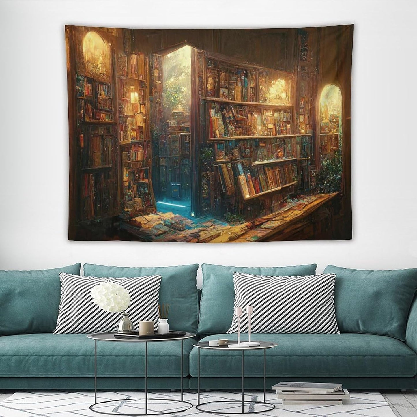 Kurtect Bookshelf Tapestry,Vintage Style Library Watercolor Art Theme Pattern Print Tapestries for Party Beach Picnic Blankets Tablecloths Living Room Wall Deocr, 60x80 in