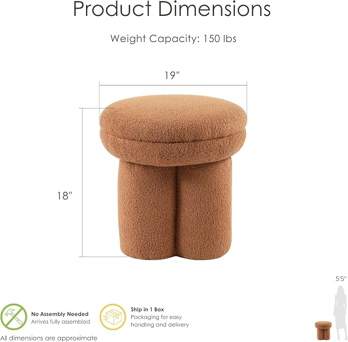 Furniture of America Rami Modern 17-inch Mushroom-Shape Upholstered Ottoman with Tri-Pillar Pedestal, Vanity Stool Chair, Small Foot Stool for Bedroom, Living Room, Entryway, Saddle Brown