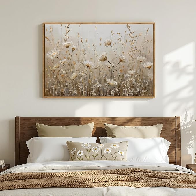 Framed Vintage Floral Wall Art, Neutral Rustic Botanical Flower Market Canvas Artwork for Modern Farmhouse, White Gold Wildflower Painting Prints for Living Room Bedroom Kitchen Dining Room, 24x36 In