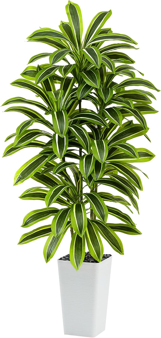 Artificial Dracaena Tree：5FT Faux Silk Tropical Yucca Floor Trees Realistic Fake Green Plant with Natural Wood Trunk & Lifelike Leaves for Home Office Decor Indoor & Outdoor (5FT,1-Pack,White)