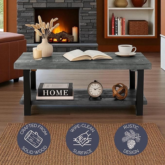 Alaterre Furniture Pomona Solid Wood Coffee Table, Slate Grey, 42” | Rectangular Center Table with Storage Shelf and Metal Legs, Rustic Industrial Farmhouse Living Room Furniture