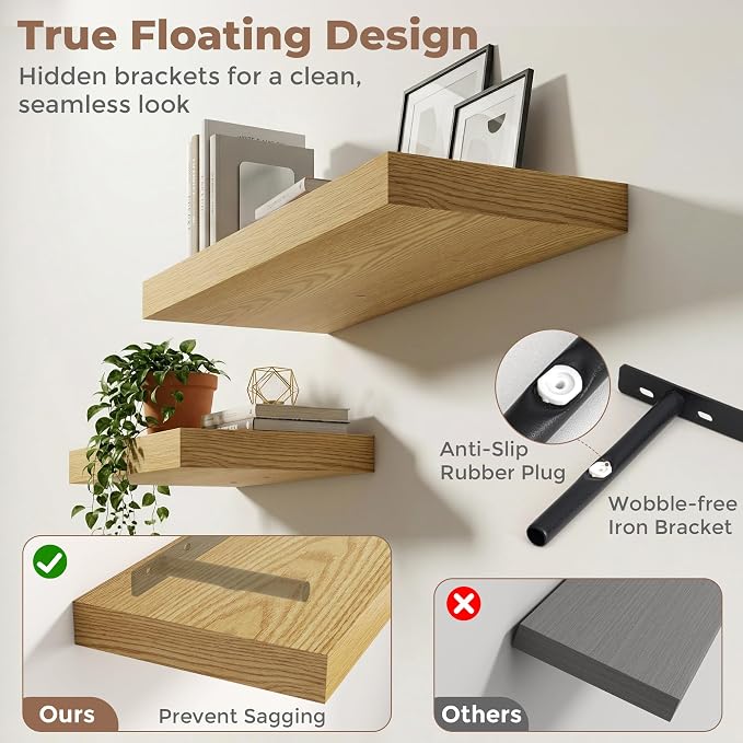 72" Wide x 12" Deep Floating Shelves for Wall, Oak Finish, 1-Pack | Engineered Wood Wall Shelves with Invisible Brackets for Living Room, Bedroom, Bathroom, Office & Kitchen Storage