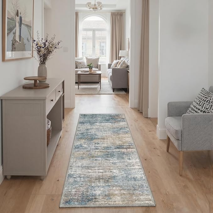 BEIMO Runner Rug for Hallway Kitchen, 2x5 Machine Washable Runners Rug for Entryway, Soft Modern Abstract Throw Rugs, Low Pile Indoor Floor Cover with Non Slip Backing, Teal