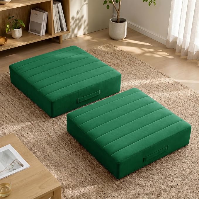 JKMAX 2 Pcs High Density Foam Floor Pillow - Upgraded Large Pillows Seating for Adults - Outdoor Floor Cushion with Soft Tufted Cover - Yoga Pillows for Sitting On Floor - 22 Inch Green