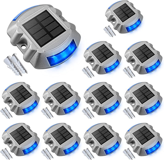 Solar Deck / Dock Lights, VOLISUN 12-Pack Led Wireless IP67 Waterproof Outdoor Warning Step Lights for Driveway Sidewalk Garden Pathway Yard (Blue)