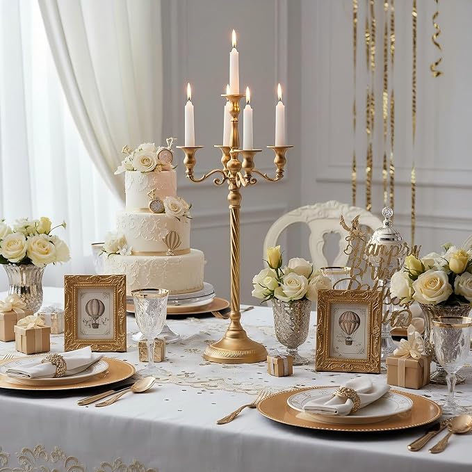 Tall 5 Arm Gold Candelabra Centerpiece for Table, 24.8'' Metal Candle Holder, 2 Pcs Retro Candelabra Table Centerpieces for Party, Events, Home, Wedding Decor