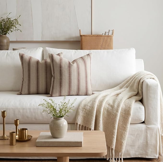 Linen Throw Pillow Covers Stripe Pillow Cover 18x18 inch Spring Decorative Pillow Covers for Living Room, Bedroom