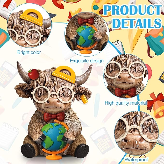 Karenhi 2 Pcs Highland Cow Figurines Back to School Classroom Highland Cow Gnomes Scottish Resin Statue Calf Lovers Gifts for Home Garden Kitchen Office Tiered Tray Table Decor