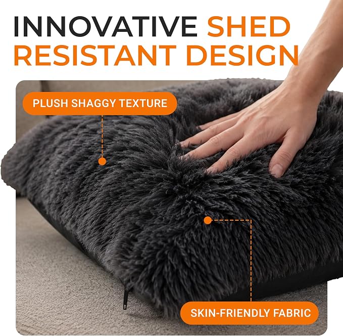 Cheer Collection Throw Pillows for Couch and Bed, Soft Shaggy Throw Pillows with Inserts Included, Cozy Long Hair Faux Fur Pillows - Set of 2-20" x 20" - Black