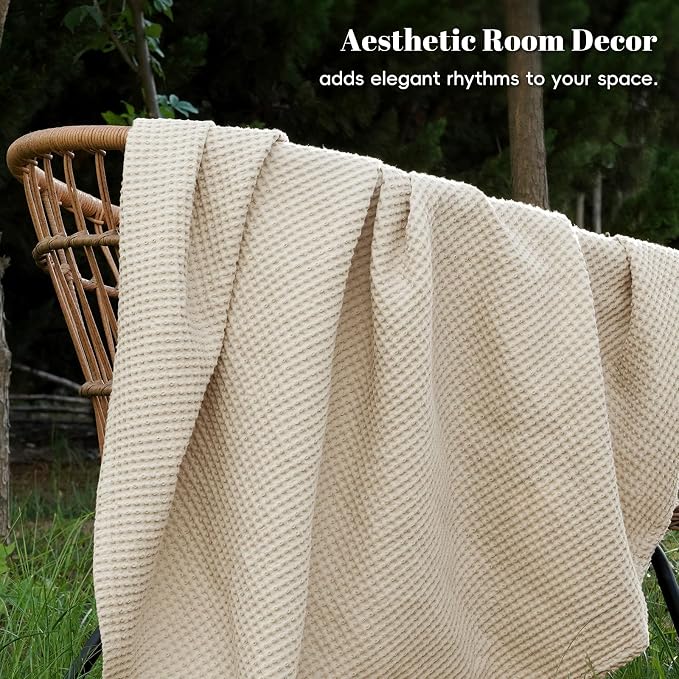 PHF Pre-Washed 100% Cotton Waffle Weave Blanket King Size for Bed,Snag Proof Throw Blanket for Couch Spring Summer Lightweight Breathable,Machine Washable, Home Decor Gift - Linen/Stone