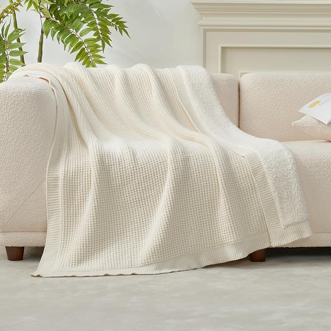 Amélie Home Reversible Waffle Weave Throw Blanket, Chenille Knit with Warm Sherpa, Soft Cozy Blanket for Couch, 50"x60", Ivory