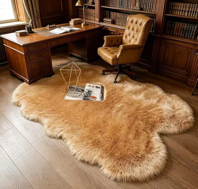 Faux Fur Rug Brown Fluffy Sheepskin Area Rug,Ultra Soft Shaggy Plush Rug Bedroom Living Room Sofa Floor Kids Room Bedside（4 x 6 ft Sheepskin）