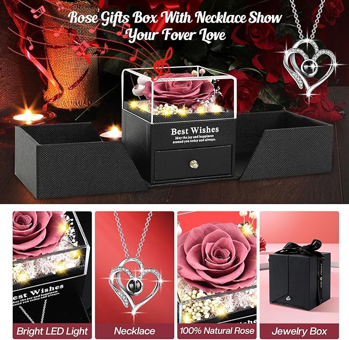 Pasuvsigt Mothers Day Mom Birthday Gifts for Women, Preserved Real Rose with I Love You Heart 100-Language Necklace, LED Lights & Music Box, Anniversary for Women Girlfriend Mom