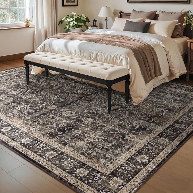 Vintage Black 6x9 Area Rugs, Washable Rugs for Bedroom Living Room Low Pile Non Slip, Mid-Century Modern Dark Print Carpet Rugs for Dining Room Home Office, Earth Tone Brown/Black/Beige