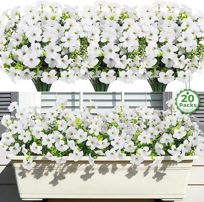 20 Bundles Artificial Petunias Flowers for Outdoors, Faux Silk Flowers UV Resistant Realistic Fake Plants for Outside Planters Porch Patio Yard Garden Spring Summer Home Decor, White
