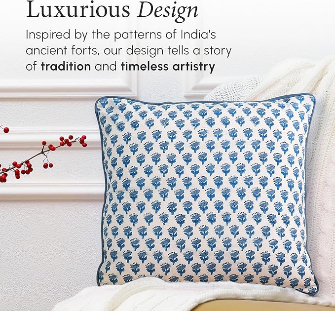 CPC 100% Cotton Throw Pillow Covers 24x24 Inch, Set of 2 Blue Block Print Pattern Couch Pillow, Cute Boho Decorative Pillows for Living Room, Bedroom with Hidden Zipper- Apatite Blue