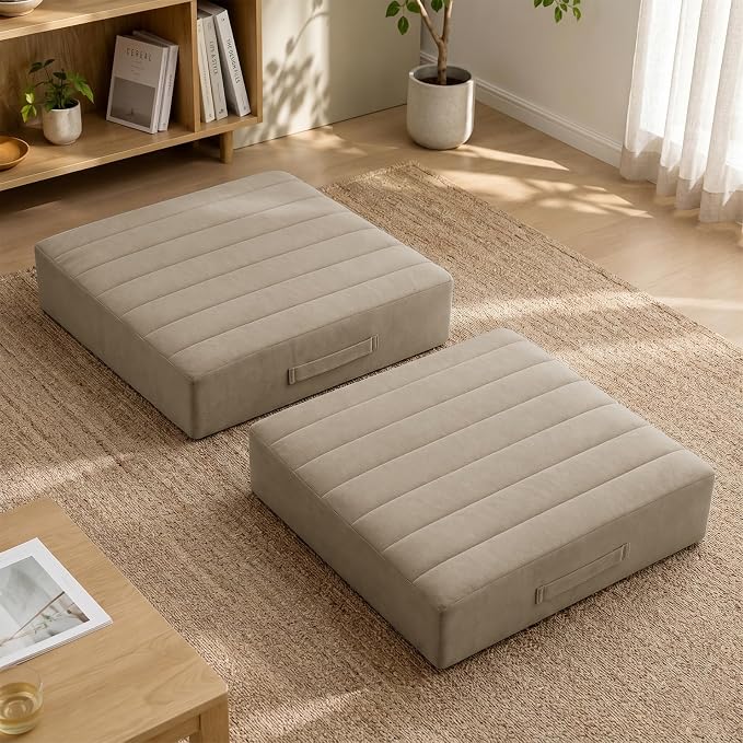 JKMAX 2 Pcs High Density Foam Floor Pillow - Upgraded Large Pillows Seating for Adults - Outdoor Floor Cushion with Soft Tufted Cover - Yoga Pillows for Sitting On Floor - 22 Inch Khaki