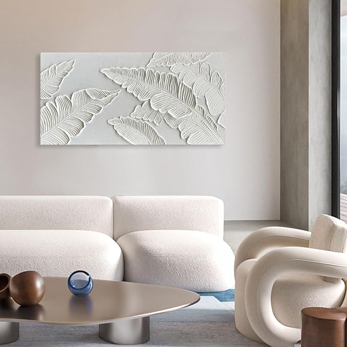 NANKAI Art Hand Painted Thick Texture White Abstract Art Oil Painting 48x24 inch White Leaf Texture Painter House Wall Art Decorative Oil Painting