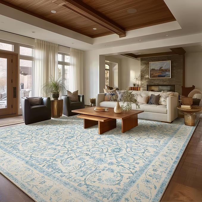Washable Rugs for Living Room: 9x12 Area Rugs for Bedroom Ultra Soft Non-Slip Low Pile Vintage Boho Large Carpet for High-Traffic Dining Room - Farmhouse Decor
