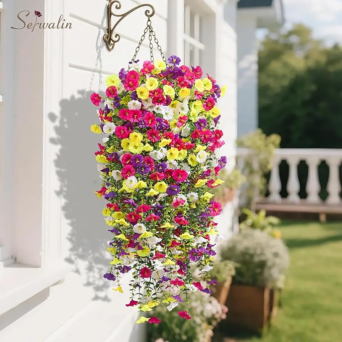 Serwalin Artificial Hanging Flowers for Outdoors Decoration,8PCS UV Resistant Fake Silk Artificial Outdoor Plants for Porch Patio Balcony Indoor Planter Garden Yard Decor (Summer Color,8PCS)