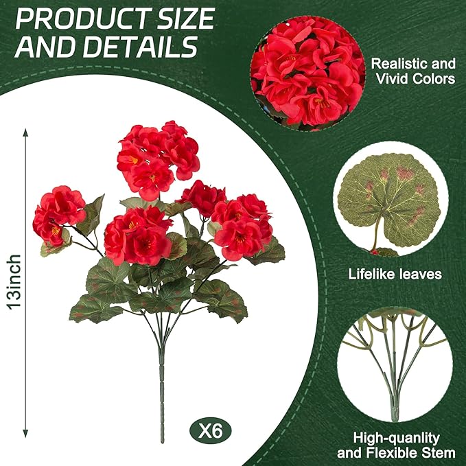 Ammyoo Artificial Geranium Flowers for Outdoors Decoration, Fake Silk Geraniums Flower UV Resistant Look Real Faux Plants for Spring Garden Porch Planter Patio Balcony Yard Table Centerpieces Decor