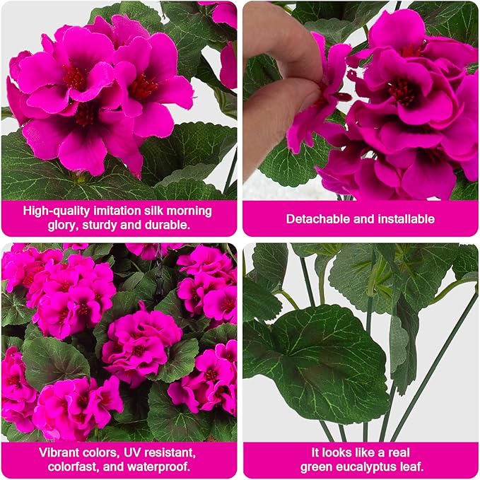Hananona 2 Set Artificial Outdoor Geraniums Flowers with Hanging Basket, 2 Hanging Planters with 12 Pcs Red Geranium Flowers for Spring Summer Front Porch Garden Patio Home Decor (2, Rose Red)
