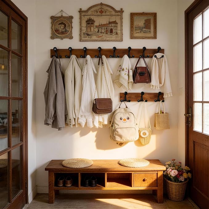 WEBI Coat Rack Wall Mount,17" Solid Wood Coat Hooks Wall Mounted Coat Hanger,16" Hole to Hole,Heavy Duty Hook Rack,3 Triple Hooks for Hanging Coats,Jacket,Hat,Backpack,Farmhouse,Brown