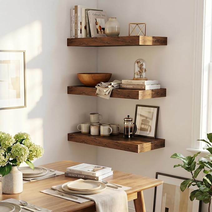 Fun Memories Wood Floating Shelves 20 Inch, 12 Inch Deep Shelves Wall Mount, Wall Shelves with Invisible Bracket, 20" Floating Shelves for Living Room Bathroom Bedroom, Rustic Brown, Set of 2