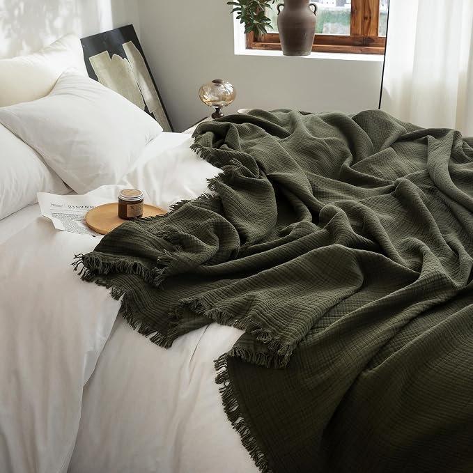 FOSSA Muslin Blanket 4-Layer 100% Cotton Gauze Blanket with Fringe 50"x60" | Super Soft Breathable Lightweight All Season & Decorative Blanket or Bed, Sofa, Office (Olive Green,Throw)
