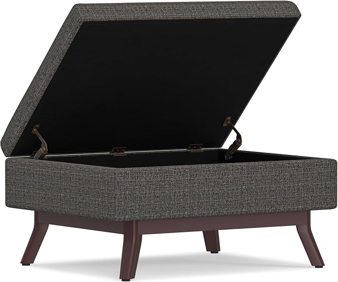SIMPLIHOME Owen Coffee Table Storage Ottoman - 34" Wide x 19" High Upholstered Tweed Look Fabric Rectangular Lift-Top Ottoman in Ebony, Mid-Century Modern Bench for Living Room with Tapered Legs