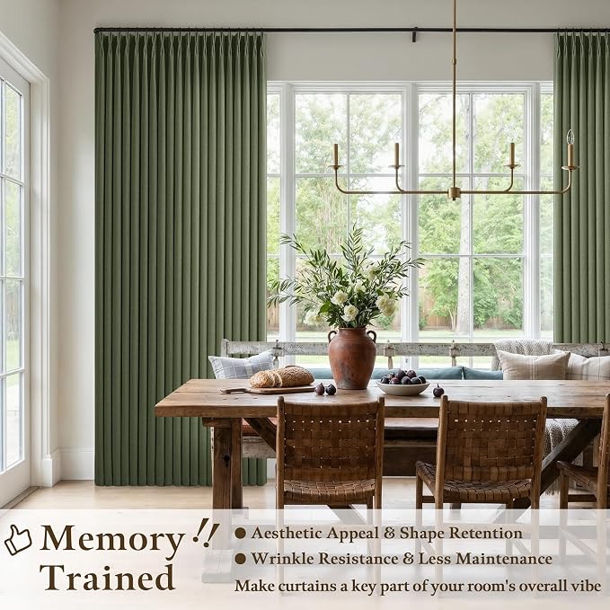 Olive Green Pinch Pleated Linen Curtains 84 Inch Length 2 Panels for Living Room Bedroom Aesthetic Pinch Pleat Back Tab Light Filtering Semi Sheer Loden Pleated Drapes Farmhouse Boho 40x84 Long