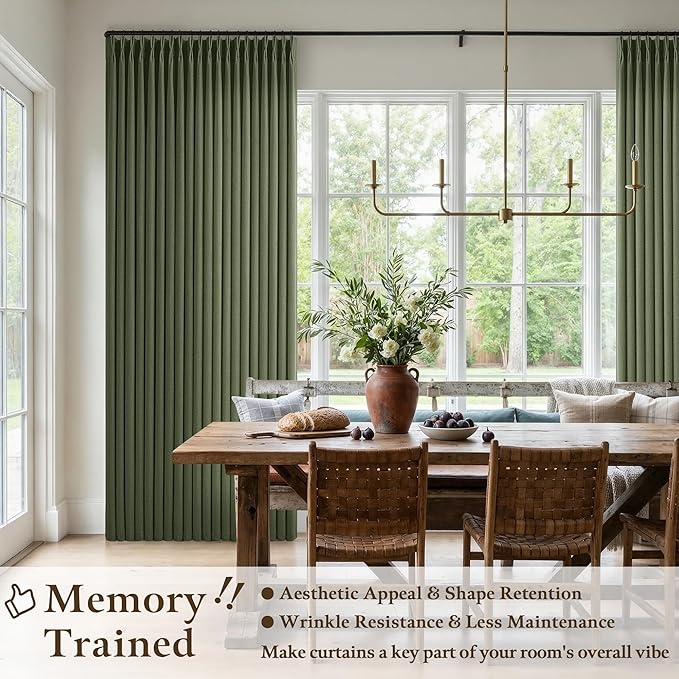 Olive Green Pinch Pleated Curtains 90 Inches Long for Living Room Bedroom 2 Panels Linen Textured Farmhouse Aesthetic Light Filtering Semi Sheer Loden Pleat Window Drape Hooks Rings 40x96 Length