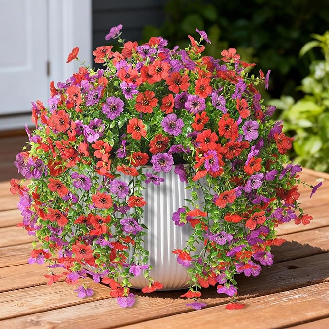 ZFProcess Artificial Hanging Flowers for Outdoors Spring Decoration, 2PCS Silk Fake Daisy Realistic Fake Outdoor Flowers UV Resistant Porch Patio Window Yard Decor(Purple Red)