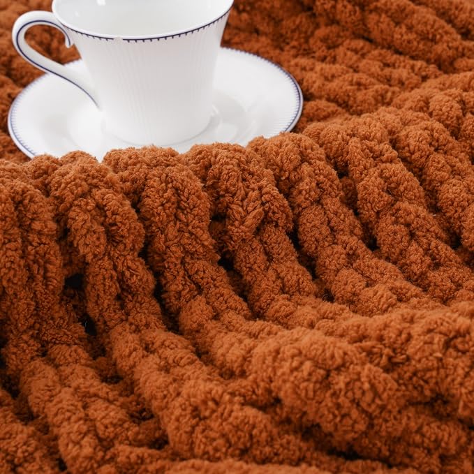 Battilo Fall Chunky Knit Throw Blanket, Soft and Thick Chenille Throw Blanket, 50"x60" Handmade Cable Knit Crochet Blanket, Rust Knitted Throw Blankets for Couch Fall Decoration, Caramel