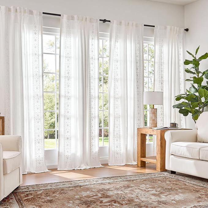 jinchan Weslie White Linen Curtains for Bedroom Vintage Floral Farmhouse Curtains 90 Inches Long Linen Drapes for Living Room Embroidered Light Filtering Drapes Rustic Cottagecore Off White 2 Panels