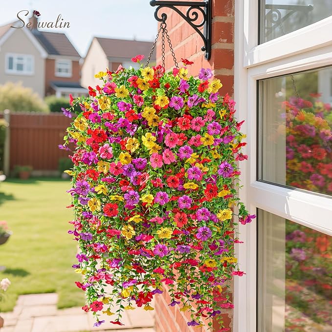 Serwalin Artificial Hanging Flowers for Outdoors, 4PCS UV Resistant Fake Hanging Plants with 101 Blooms, Realistic Weatherproof Outdoor Decor for Patio, Porch, Garden & Window (Summer Colors)