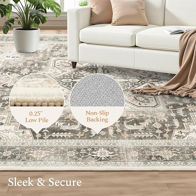Rugflix 3x5 Area Rugs for Living Room, Machine Washable Rug Non Slip Stain Resistance, Small Rug Vintage Distressed Soft Carpet for Bedroom, Dining Room, Home Office, Beige Grey