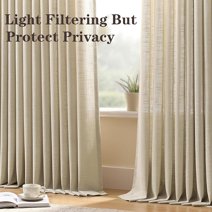90 Inch Curtains Pinch Pleated Linen Curtain for Living Room, Light Filtering Pleat Drapes Textured Thick Taupe Semi-Sheer Curtains with Hooks for Bedroom Farmhouse, 2 Panels, 40x90, Burlywood Birch