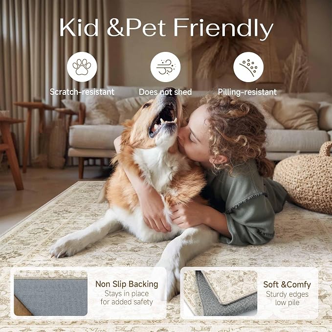 9x12 Beige Washable Neutral Area Rug for Living Room Soft Floral Non Slip Large Rug Modern Low Pile Stain Resistance Indoor Carpet Bedroom Office Playroom Office Classroom