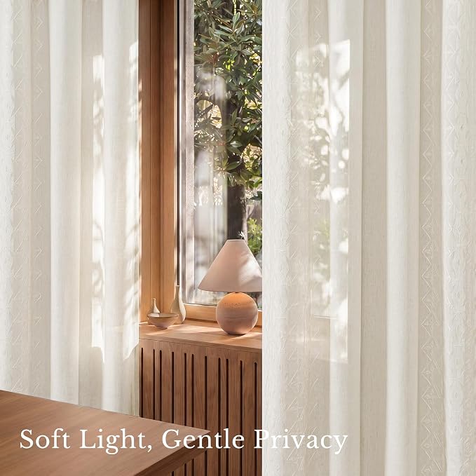 NICETOWN Embroidery Trim Linen Blended Curtains, W52 x L63, 2 Pcs | Ivory White and Cream, Bronze Grommet Top, Semi Sheer, View Block, For Nursery Window