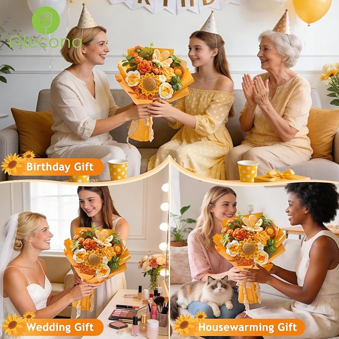 Alecono Large Crochet Flower Bouquet, Knitted Flowers, Artificial Sunflower Crochet as a Gift for Valentines Day Lover Anniversary Graduation (Orange)