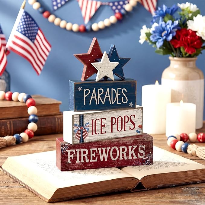 4 Pcs 4th of July Decorations Patriotic Tiered Tray Decor Memorial Day Tabletop Decoration Red White Blue Table Centerpieces Parades Star Decorative Trays for Tiered Tray Home Shelf 250th Anniversary