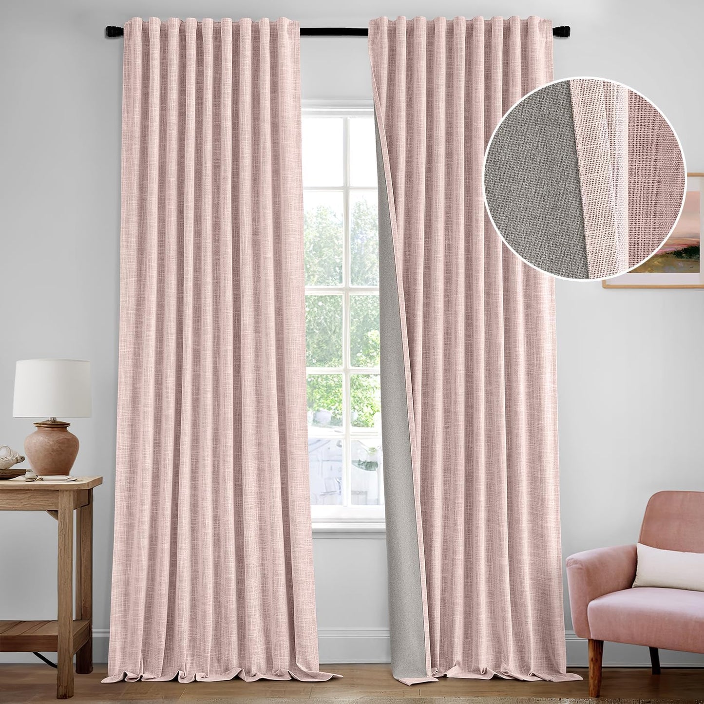 MIULEE Baby Pink 100% Blackout Linen Curtains 96 Inch 2 Panel Set Double Sided No Coating Pinch Pleated Back Tab Floor to Ceiling Black out Thermal Insulated Bedroom Living Room Darkening Window Drape